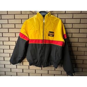 VTG 80s Campbell Seed Jacket Coat Yellow Black Red Zip Up Embroidered Logo Sz XL